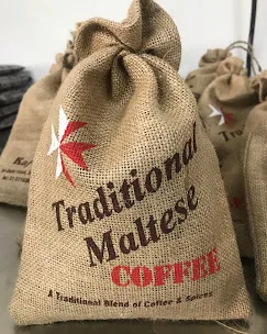 A burlap bag labelled Traditional Maltese Coffee, a traditional blend of coffee and spices